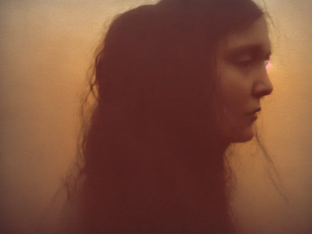 Image similar to close up portrait bust of woman, solemn expression, faded color film, russian cinema, tarkovsky, kodachrome, heavy forest, wood cabin in distance, long brown hair, old clothing, heavy fog, atmospheric haze, brown color palette, sunset, low light, hudson river school, 4 k, dramatic lighting