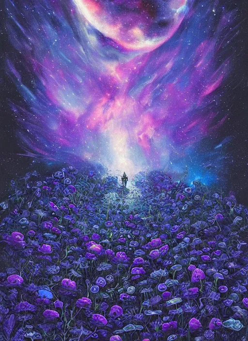 Image similar to detailed, intricate blue black and purple papaverum flower on the field, nebula, galaxy in the sky, winning award masterpiece, fantastically beautiful, illustration, aestheticly inspired dan mumford, upscale with anguissola sofonisba work, artstation, 8 k