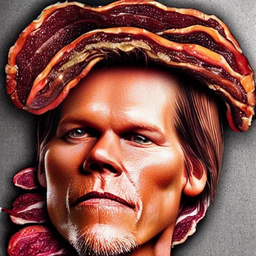 Image similar to ultra detailed kevin bacon shaped exactly like a bacon in a hamburger rendered by octane digital painting inspired by arcimboldo