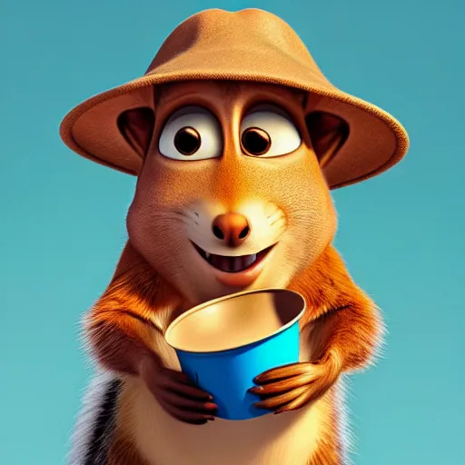 Image similar to a squirrel wearing a bucket hat. pixar.