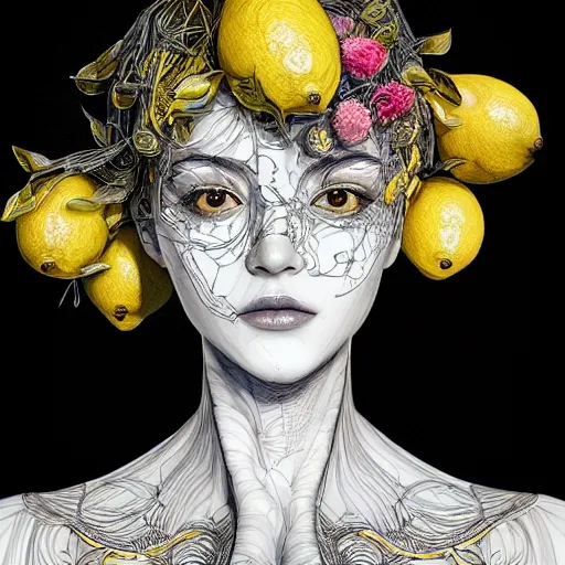 Image similar to the portrait of an absurdly beautiful, graceful, elegant, sophisticated, young girl made up of lemons, an ultrafine hyperdetailed illustration by kim jung gi, irakli nadar, intricate linework, bright colors, octopath traveler, final fantasy, unreal engine 5 highly rendered, global illumination, radiant light, detailed and intricate environment