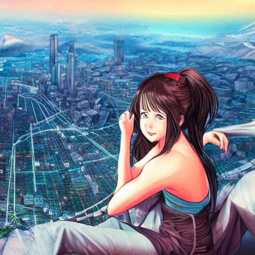 Prompt: beautiful girl looking from the edge of the mountain on the giant night city below, midnight, highly detailed colored manga page, illustration by diego facio, hyper realism