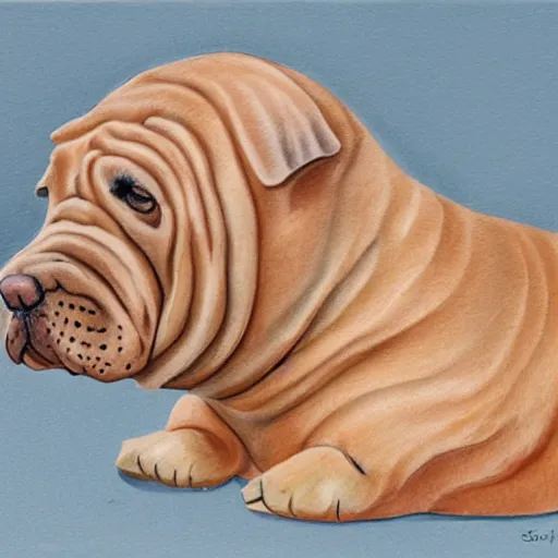 Prompt: photorealistic shar pei staring at a loaf of bread