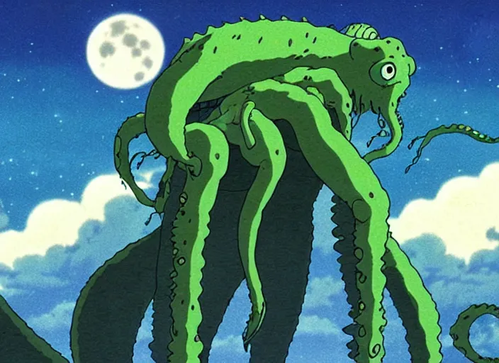 Image similar to a still from a studio ghibli movie of a cartoon cthulhu from princess mononoke ( 1 9 9 7 ), in front of a pale full moon, full body, wide shot, very dull muted colors, studio ghibli, highly detailed, deviantart, art by artgem