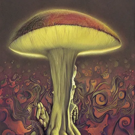 Image similar to psychedelic mushrooms dream, by dave mckean