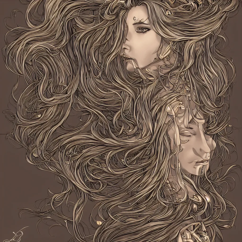 Image similar to gold and silver tones, cybernetic princess, style of moebius, james jean, mcbess, long glowing ethereal hair, cinematic, highly detailed, award winning, 8 k photorealistic
