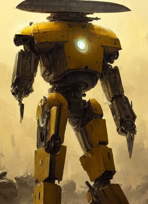 Image similar to human-sized strong intricate yellow pit droid carrying very detailed great sword and beautiful large paladin shield and longsword, pancake short large head, exposed metal bones, painterly humanoid mecha, by Greg Rutkowski