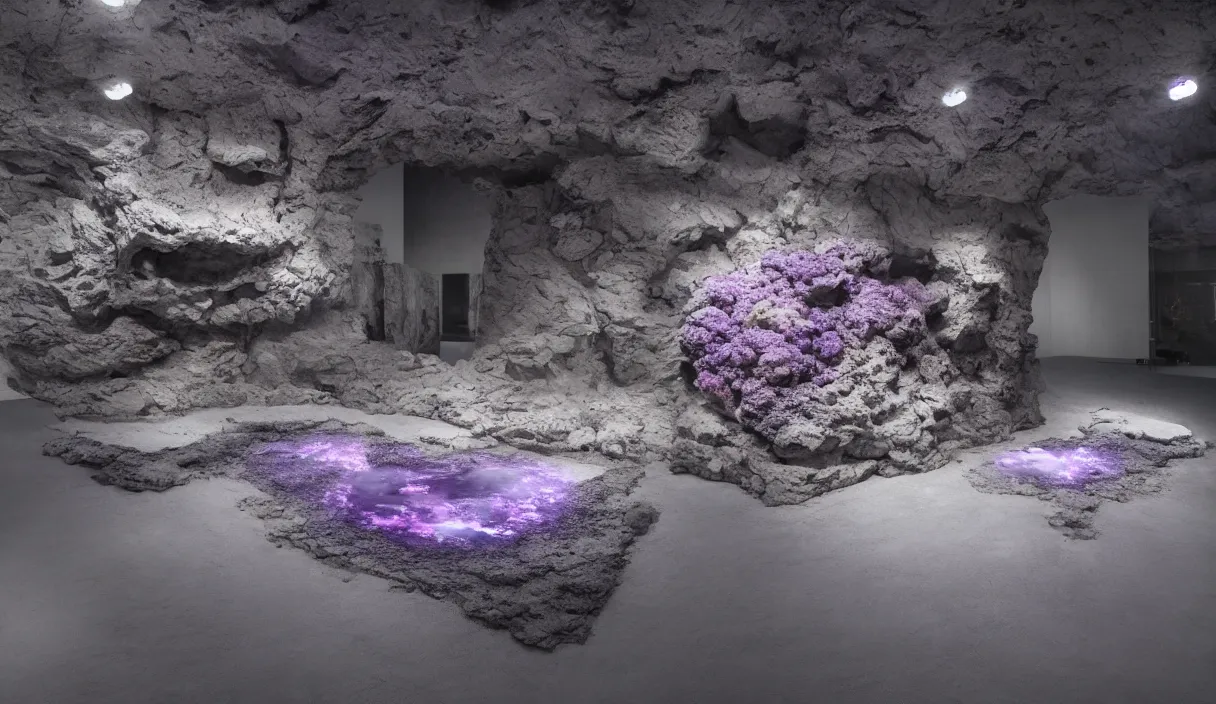 Image similar to artwork by pierre huyghe with wax, porcelain, cables and monitors, aquarium and a huge eroded stone, purple smoke, ultra realistic, depth, beautiful lighting, glitch, sigma, 8 k, 3 5 mm, f / 3 2