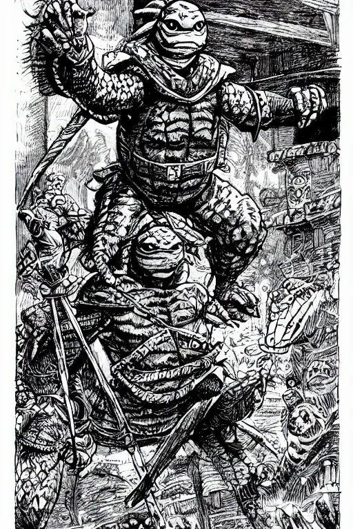 Image similar to leonardo the ninja turtle as a d & d monster, pen - and - ink illustration, etching, by russ nicholson, david a trampier, larry elmore, 1 9 8 1, hq scan, intricate details, high contrast