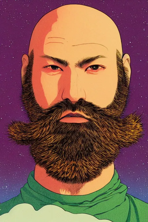 Prompt: a colorful closeup portrait of a young bald man with a wild beard dreaming psychedelic hallucinations in the vast icy landscape of antarctica, by kawase hasui, moebius and edward hopper, colorful flat surreal design, hd, 8 k, artstation