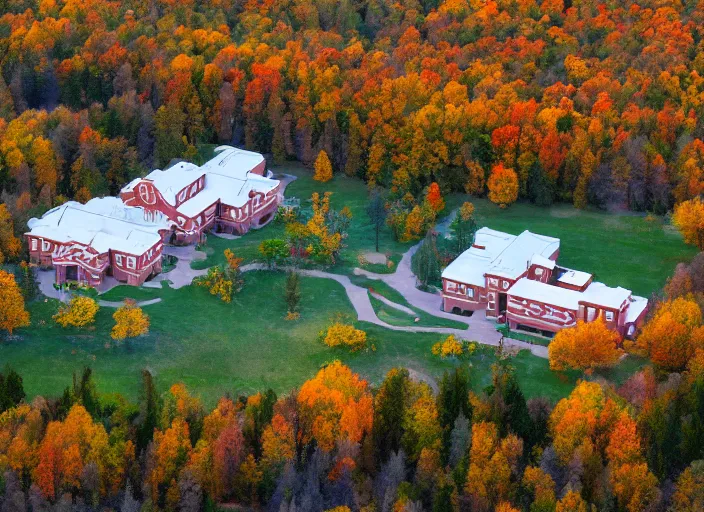 Prompt: low drone shot of a Disney style ranch style School campus in the middle of the Woods during autumn