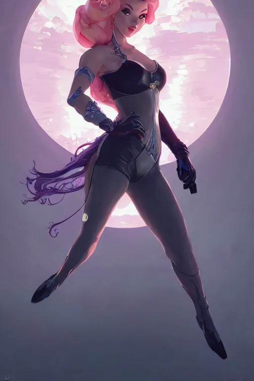 Image similar to gta princess peach as aeon flux profile picture by greg rutkowski, dynamic pose, intricate, futuristic, fantasy, elegant, by stanley artgerm lau, greg rutkowski, thomas kindkade, alphonse mucha, loish, norman rockwell, fantasy lut, asymmetric, long hair, retro computer graphics, video game, fluid lines,