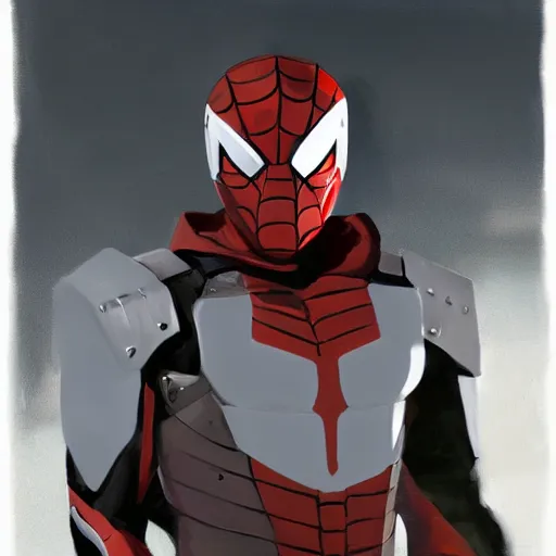 Image similar to greg manchess portrait painting of armored spiderman ultraman grey fox from metal gear cyborg gay japanese - american hybrid as overwatch character, medium shot, asymmetrical, profile picture, organic painting, sunny day, matte painting, bold shapes, hard edges, street art, trending on artstation, by huang guangjian and ail elvgren and sachin teng