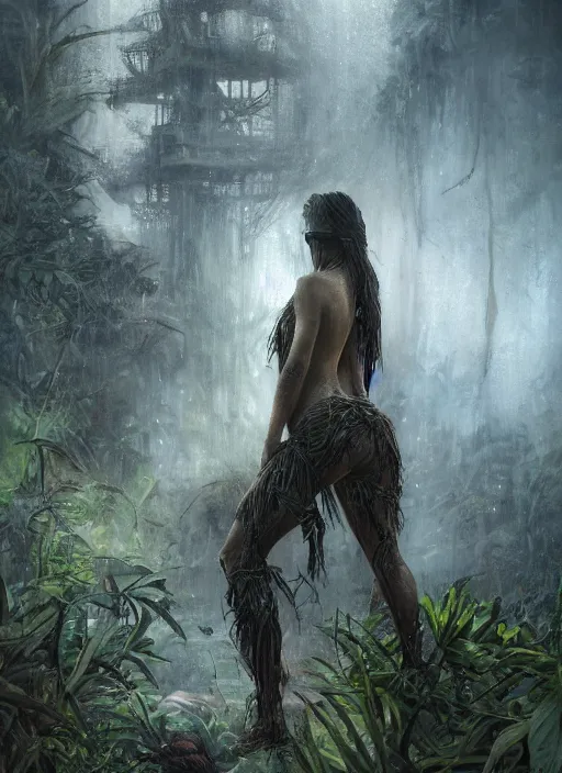 Image similar to a tribal woman from behind, in front of the aircraft carrier USS Nimitz rotting on the ground overgrown with vegetation, lush rain forest, post appocalyptic, by Luis Royo, by Greg Rutkowski, dark, gritty, intricate, backlit, strong rim light, cover illustration, concept art, volumetric lighting, volumetric atmosphere, sharp focus, octane render, trending on artstation, 8k