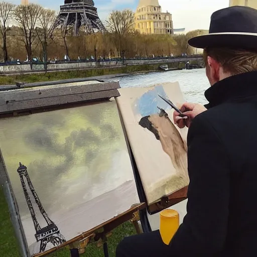 Prompt: artist Ewan McGregor is painting a painting by the river bank. We can see his back. He is a gentleman and wears a bowler hat, He is an artist, on background there is Eiffel tower, on his feet is lying a brown cat with glowing yellow lights, by d'Édouard Cortès