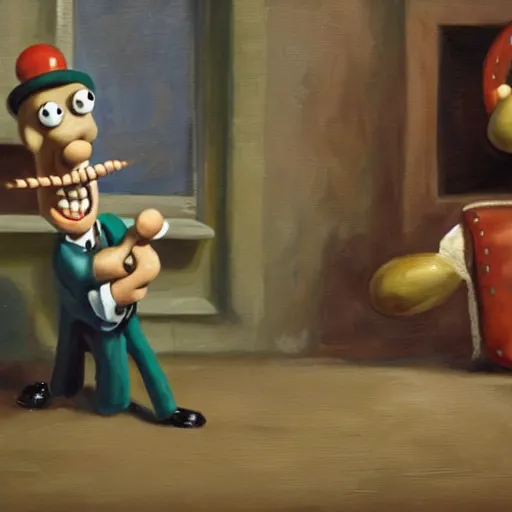 Image similar to oil painting of wallace and gromit killing a man