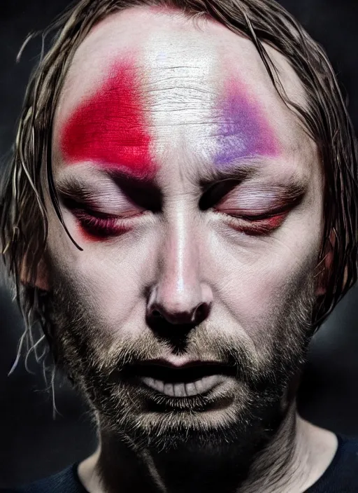 Image similar to a portrait of thom yorke from radiohead in kiss style makeup, realistic, photograph, high definition, 4 k, soft lighting