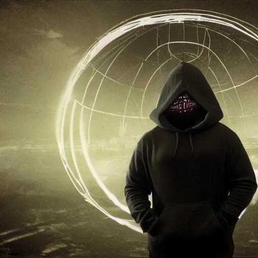 Image similar to a mysterious man wearing a hoodie with face shrouded in darkness standing before the ruin of an enormous armillary sphere, dark and forboding, realistic
