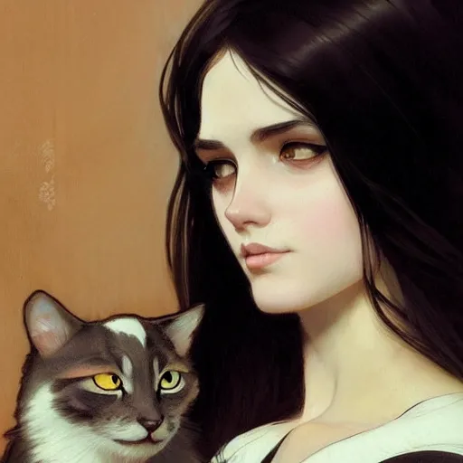 Image similar to emo girl and her cat, with long dark hair, thick eyebrows!!! deep dark big eyes and dark circles!, wide nose!!!, oval face shape, big cheeks!, by greg rutkowski and alphonse mucha, trending on artstation