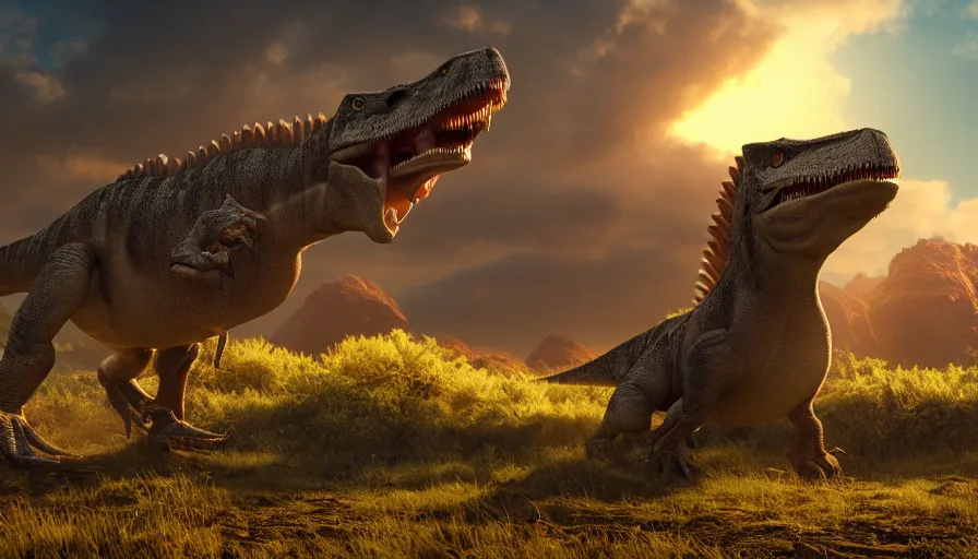 Image similar to hyper realistic highly detailed nature photography of a dinosaur, prehistoric planet, volumetric lighting, octane render, 4 k resolution, golden hour