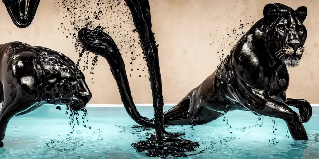 Image similar to a black lioness made of ferrofluid bathing inside the bathtub full of ferrofluid, covered in dripping ferrofluid. dslr, photography, realism, animal photography