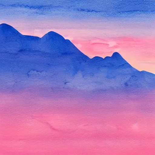 Image similar to blue watercolor mountains with a pink and blue rising sun cloudy sky, soft colors