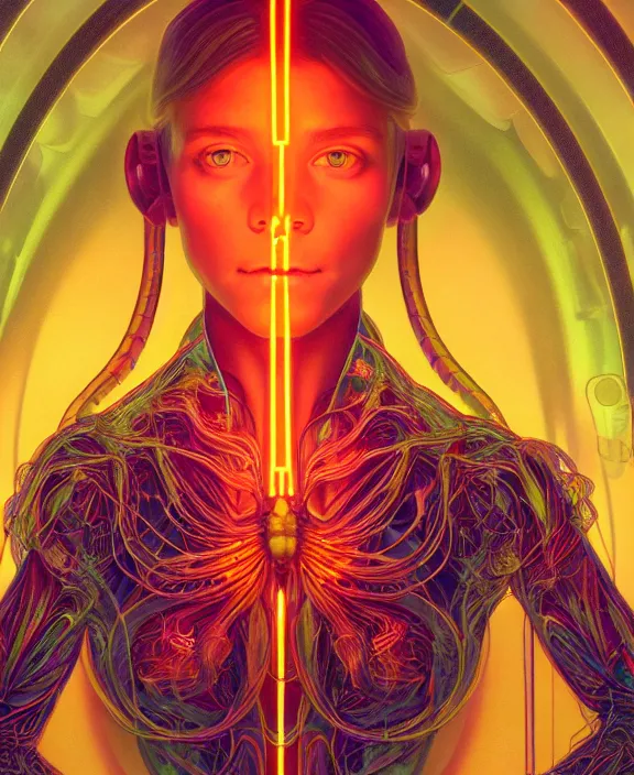 Image similar to intricate neon light portrait of a disturbing beautiful alien insect creature, mottling coloring, adorable, childlike, medical equipment hospital environment, ultra realistic, concept art, art nouveau, photorealistic, octane render, 8 k, unreal engine. art by christopher marley and artgerm and greg rutkowski and alphonse mucha