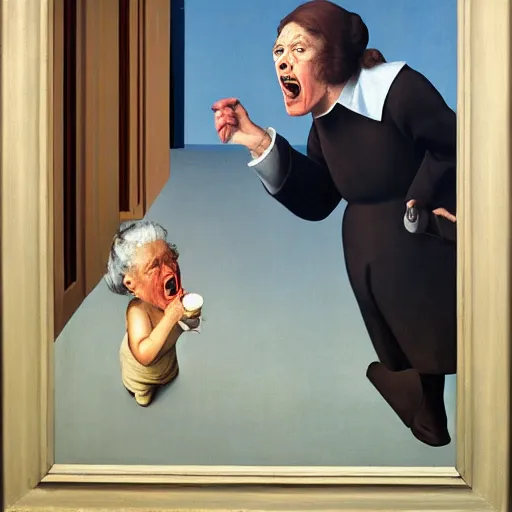 Prompt: a batshit crazy old woman yelling at the kids by Raphael, Hopper, and Rene Magritte. detailed, romantic, enchanting, trending on artstation.