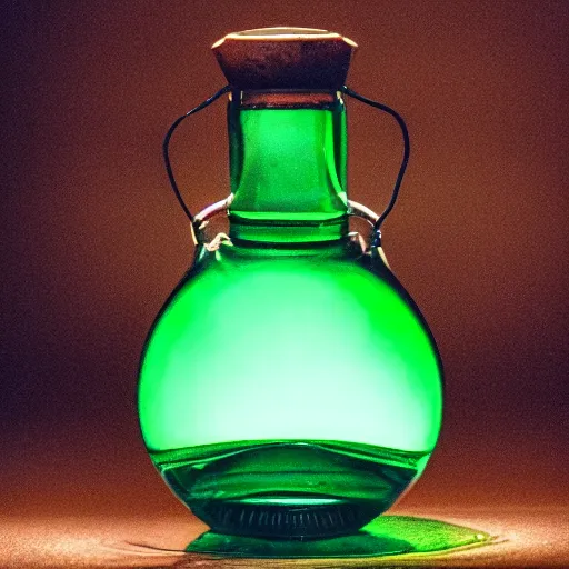 Prompt: a studio photo of a green stamina potion in a beautiful looking flask, dramatic lighting