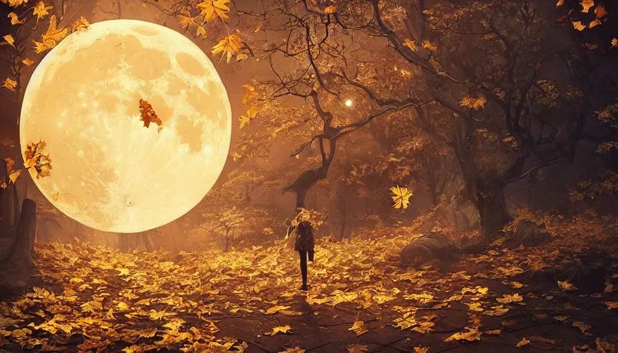 Image similar to golden leaves at frame border, creative!!! composition for a book cover!!!, absurdly beautiful, ultrafine hyperrealistic detailed moon by wlop and artgerm and greg rutkowski, intricate linework, sharp focus, smooth, octopath traveler, final fantasy, unreal engine, dramatic lighting, ethereal, 8 k