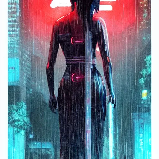 Image similar to geisha in a cyberpunk rainy city at night with a torii in the background, high quality, high detail, 4K, UHD, trending on ArtStation, blade runner vibes, ghost in the shell