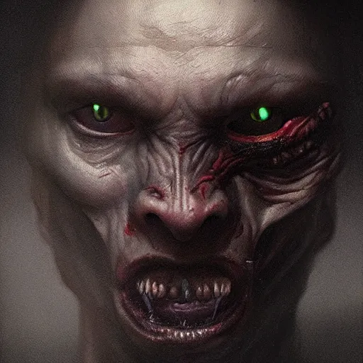 Image similar to a hyper realistic portrait painting of a half lizard half man, glowing eyes, creepy, backlight, horror vibe, real, realistic lighting in the style of greg rutkowski, trending on artstation,