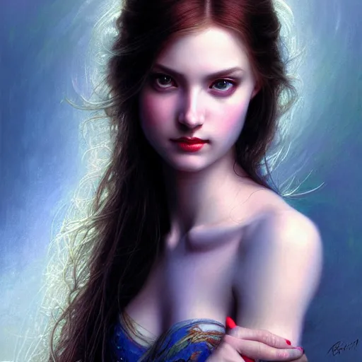 Prompt: Facial portrait of a cute shy woman, looking away from the camera, seductive smile, sparkle in eyes, lips slightly parted, long flowing hair, no hands visible, intricate, delicate, arrogant, defiant, mysterious, extremely detailed painting by Mark Brooks and by Greg Rutkowski, vibrant colors