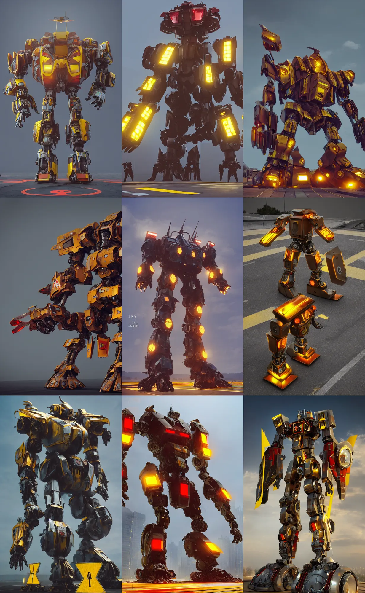 Prompt: giant mecha gladiator made of plated yellow road signs and a red stop sign on its head, character design trending on artstation, mecha, unreal engine, octane render, detailed model, hardsurface modelling, heavily stylized