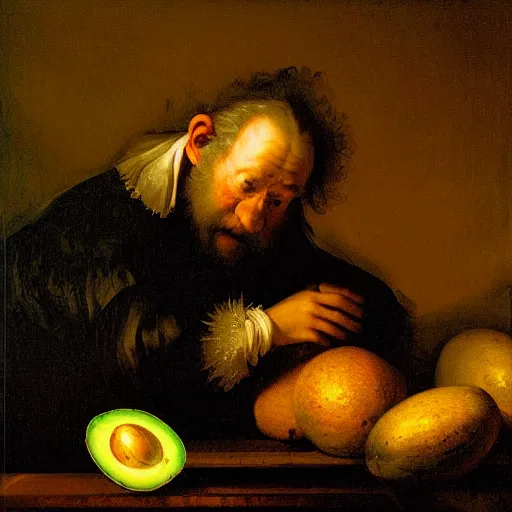 Prompt: classical panting single avocado on dark wooden table rembrandt baroque painting one avocado on table