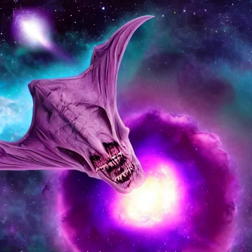 Image similar to An evil and terrifying creature in space in front of a purple nebula