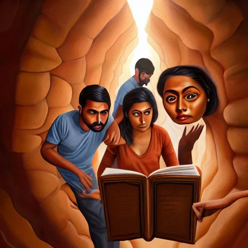 Image similar to a painting of three brown men and a brown woman emerging out of a giant open book, hyperrealistic faces, detailed digital art, aesthetic!, trending on artstation