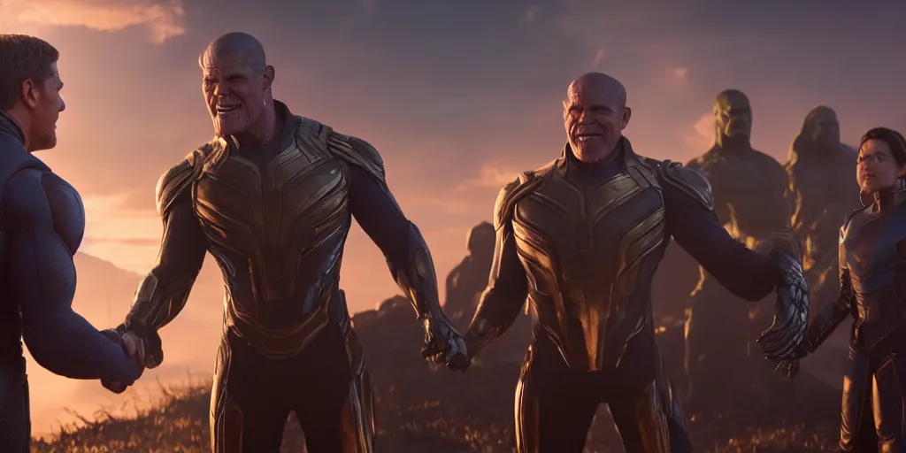 Image similar to an octane render from tom cruise shaking hands with thanos at the battle field of avengers endgame, cinematic, high resolution film render 100k, photo realistic