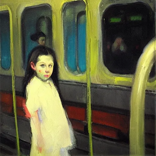 Image similar to “ a girl in the new york city subway, oil painting, by george bellows ”