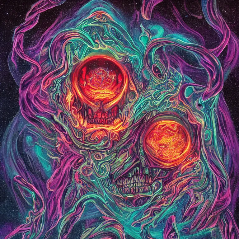 Prompt: a symmetrical composition of a giant skull with intricate rune carvings and glowing eyes with thick lovecraftian tentacles emerging from a space nebula by dan mumford, twirling smoke trail, a twisting vortex of dying galaxies, digital art, vivid colors, highly detailed