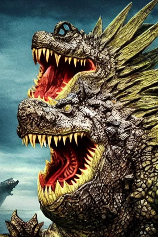 Image similar to Godzilla, kaiju, sea creature, crocodile, sharp teeth, scary look, angry