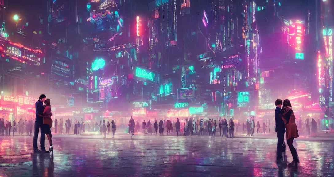 Prompt: couple kissing in a cybercity, crowd on the background, misty, neon lights, highly detailed, octane render, netflix, old buildings on the background, digital art, trending on artstation