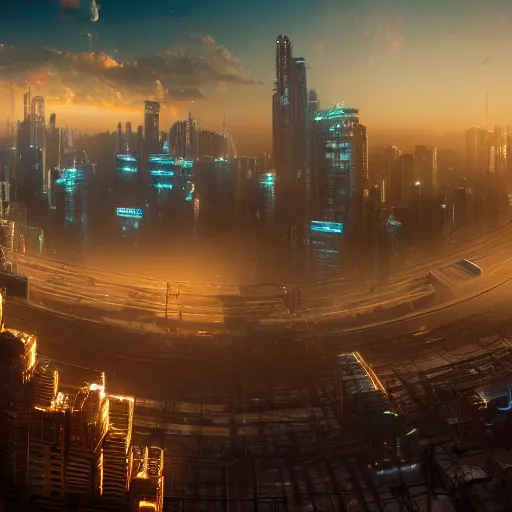 Prompt: cyber punk,eyeline view,city panorama,beautiful sunset,organic growth, panoramic,boris vallejo,luis royo,michael whelan,photorealistic,unreal engine 5,octane render,detailed