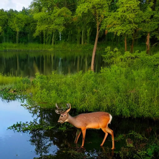 Prompt: a deer drinking from a pond in a clearing of a lush forest at twilight