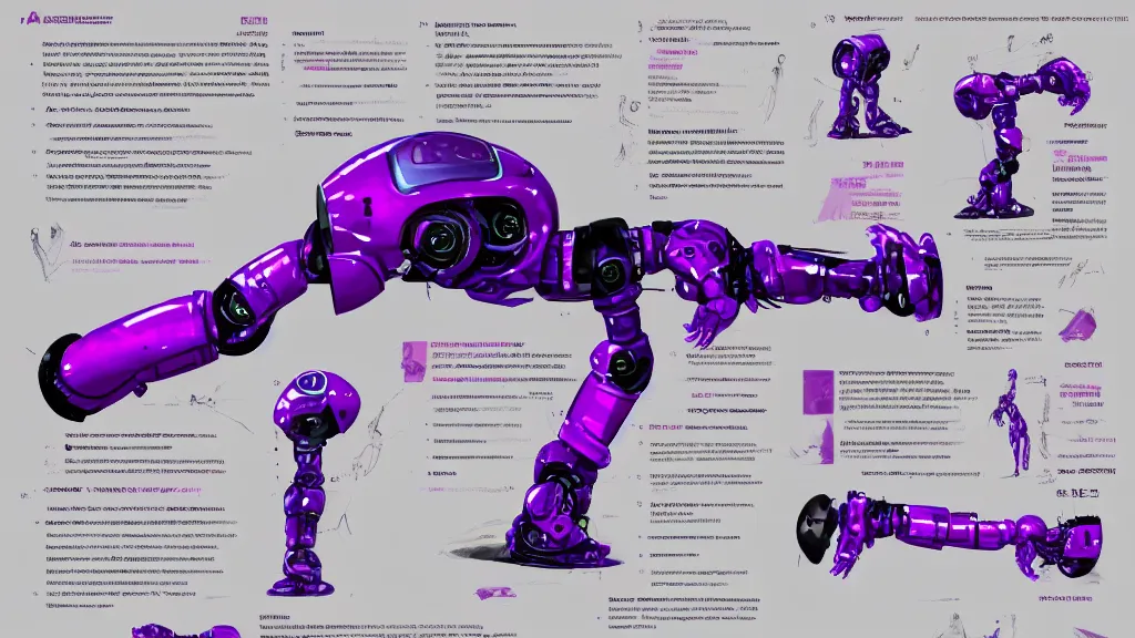 Image similar to A female robotic arm sci-fi prop reference sheet, bright purple and black, graffiti lettering, trending on artstation