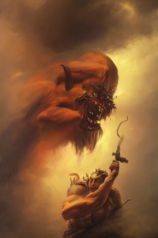 Image similar to oil painting of a pit lord demon, in style of ivan aivazovsky, expressive face, detailed face, detailed eyes, full body, feminine face, tracer overwatch,