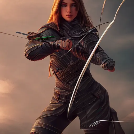Image similar to action portrait of an astonishing beautiful futuristic archer, realistic, artgerm style, 4k