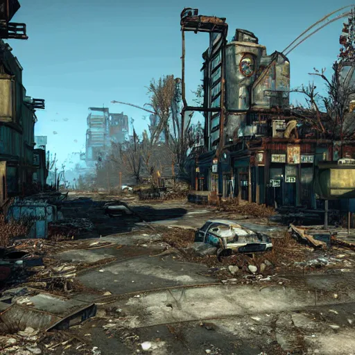 Prompt: vancouver in ruins post - nuclear war in fallout 4, in game screenshot