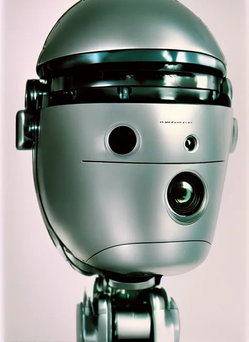 Image similar to a portrait photograph of a robot head designed by quentin trantino, 3 5 mm, color film camera,