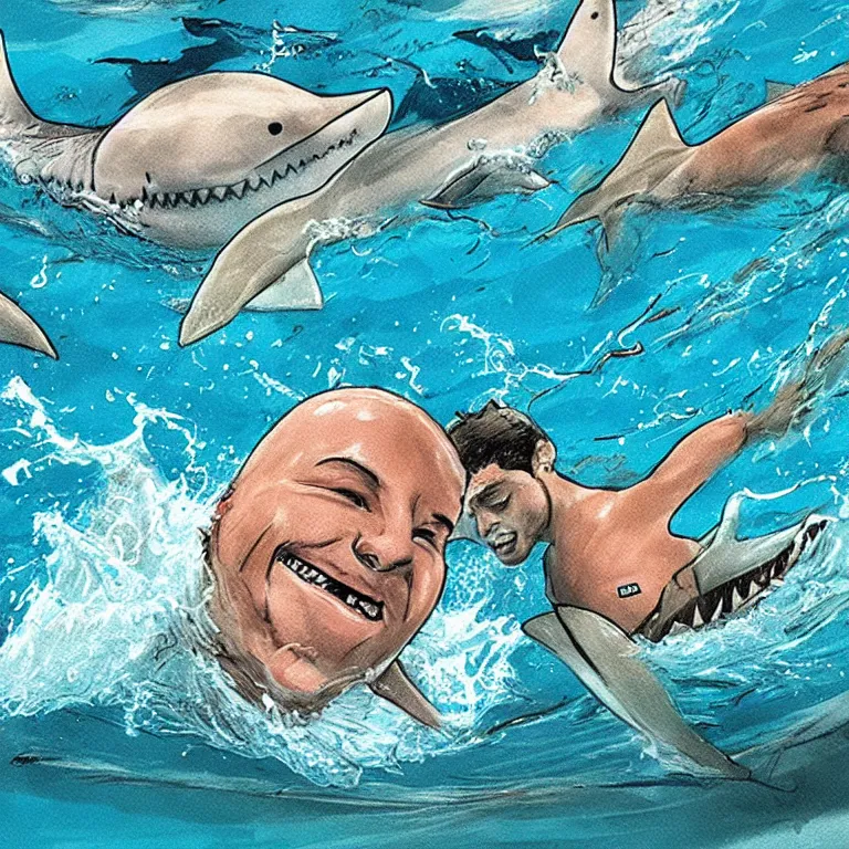 Prompt: a professional drawing of a swimming race between a man (swimming freestyle) and a shark (his head emerging from the water) in an Olympic swimming pool, the race is close